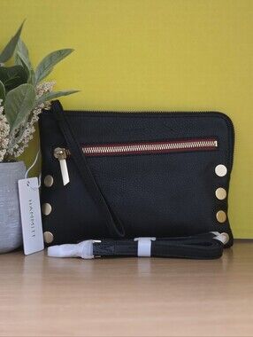 Hammitt Black Leather Wristlet with Gold Studs and Red Zip Trim
